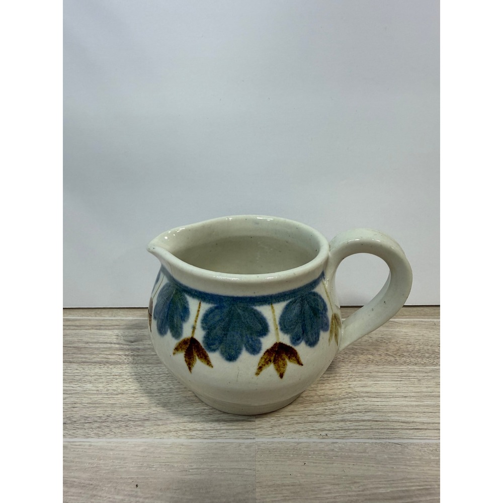 Vintage Handmade Studio Pottery Creamer Pitcher Blue Floral Signed DUKE